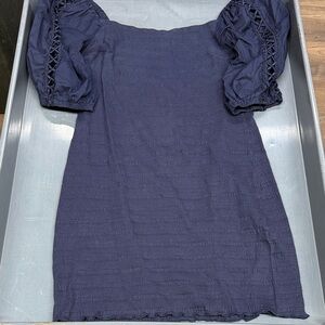 Navy Off-Shoulder Dress with Puff Sleeves